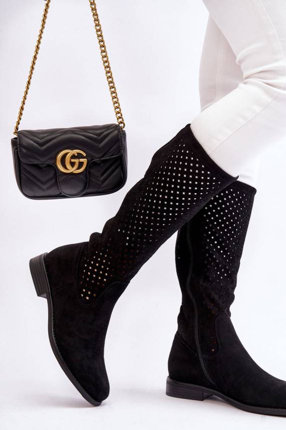   Ažūrinės zomšinės ilgaauliai batai  juodos spalvos Savannah