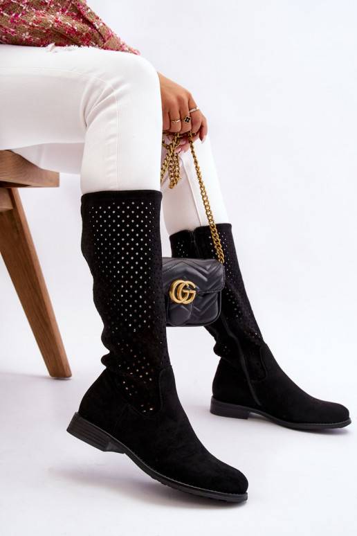   Ažūrinės zomšinės ilgaauliai batai  juodos spalvos Savannah